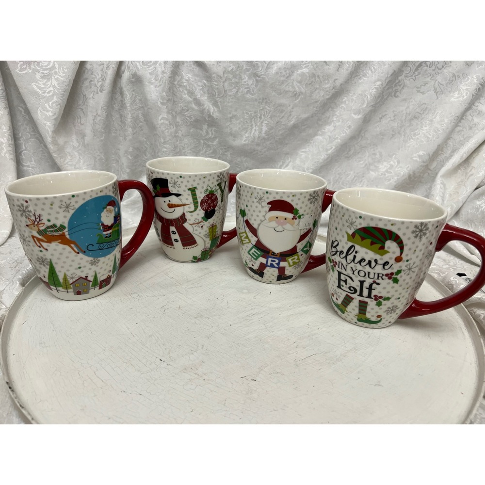 Topadorn Christmas Coffee Mug Set 4 Santa Snowman Elf Joy Merry Holiday Ceramic